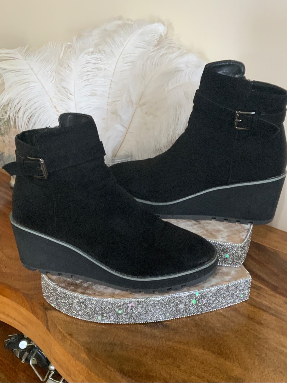 Anne Klein Black Suede Wedge Ankle Boots with Buckle